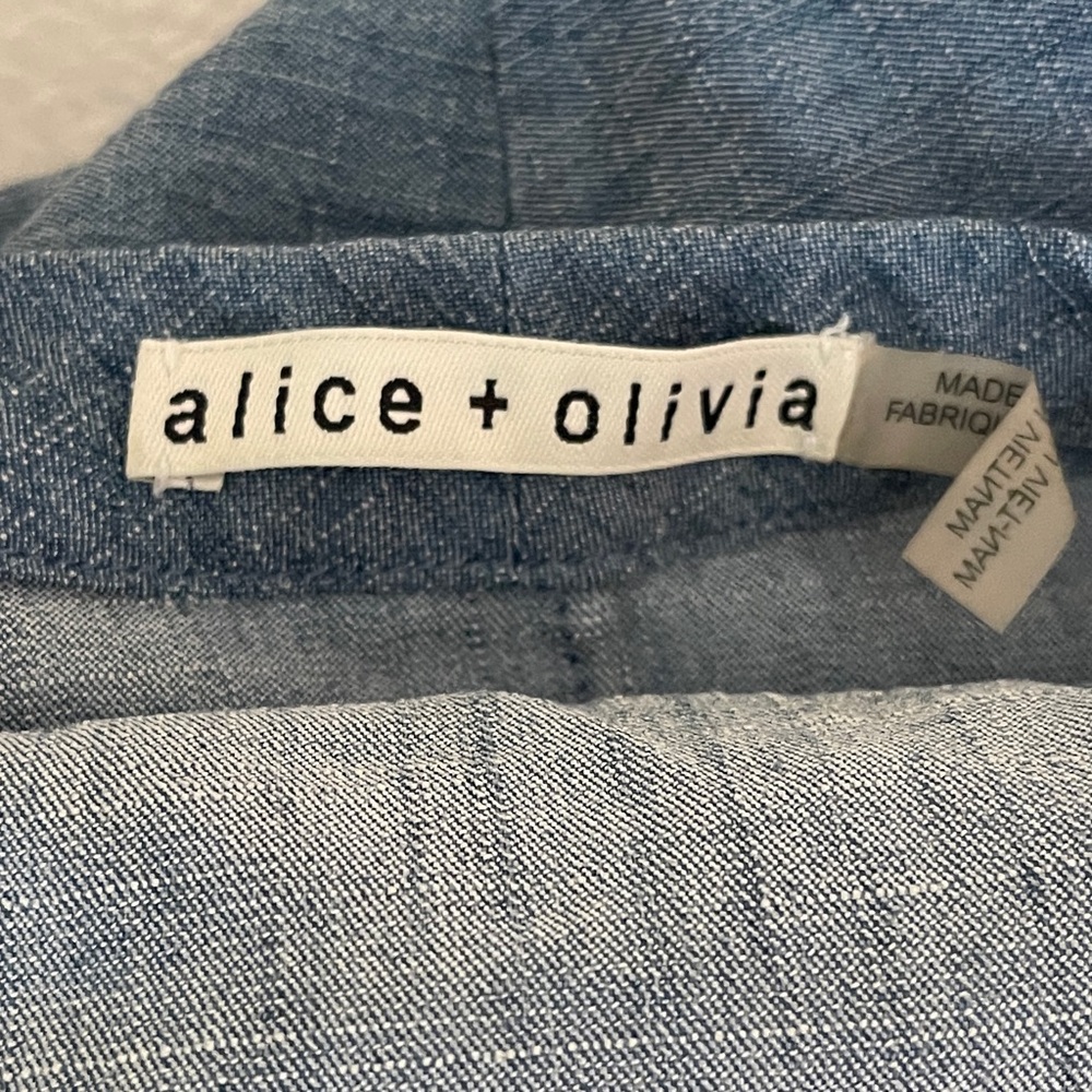 Alice + Oliva Alexia Off the Shoulder Ruffle Halter Mini Chambray Dress Small - Picture 12 of 15